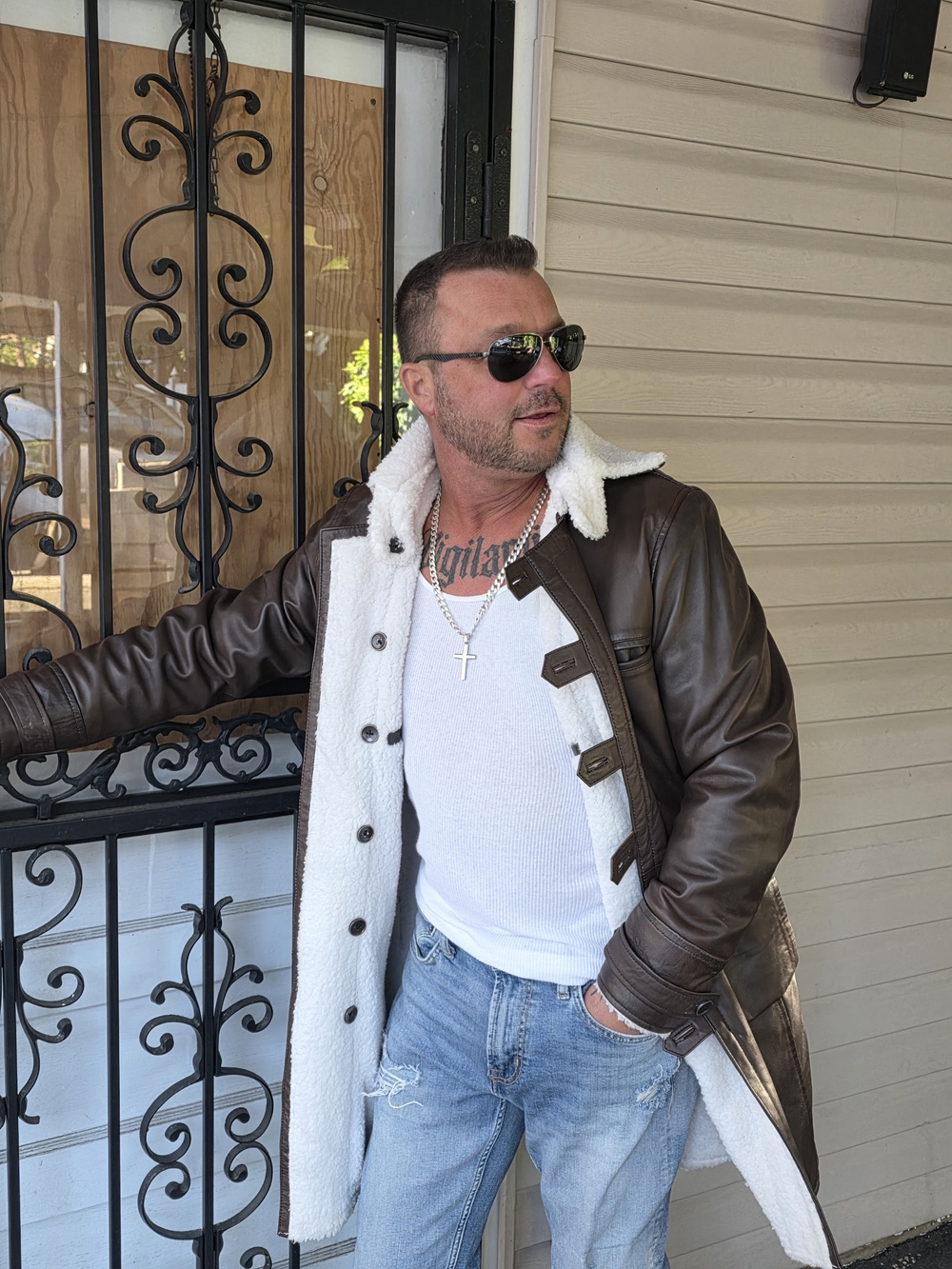 Men's Brown Leather Shearling Coat - Classic Winter Jacket